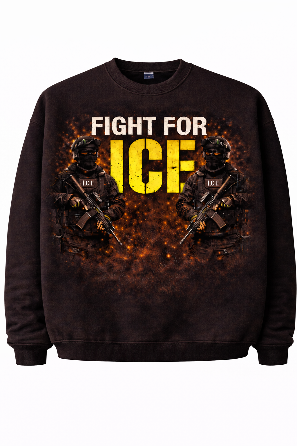 Purchase this loose-fitting sweatshirt and support the "Fight for Ice" I.C.E. series; the sweatshirt features a printed design.