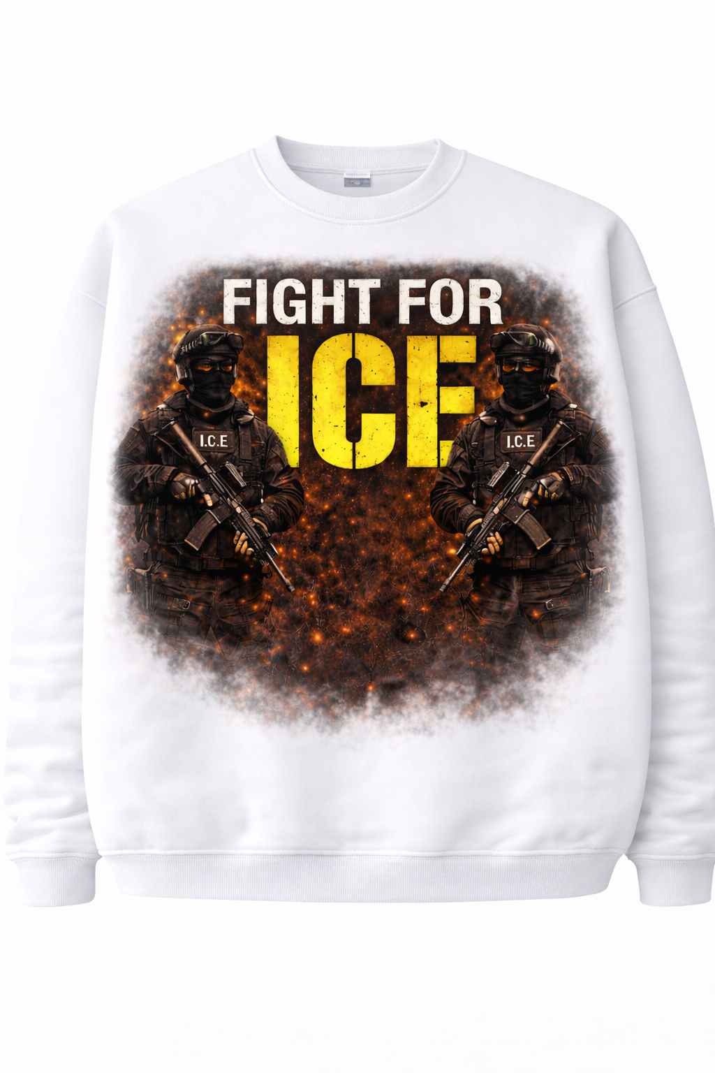 Purchase this loose-fitting sweatshirt and support the "Fight for Ice" I.C.E. series; the sweatshirt features a printed design.