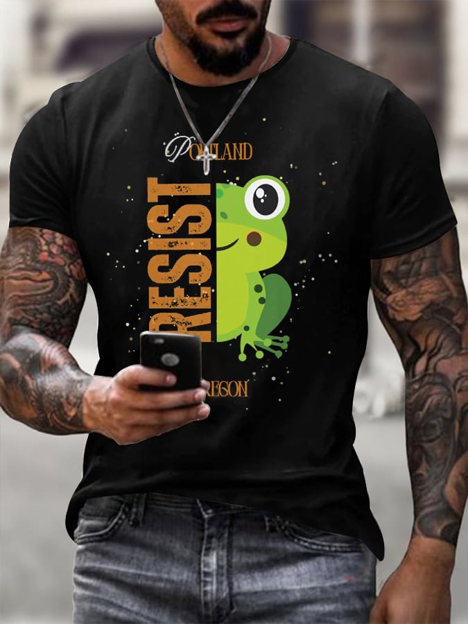 Men's Retro Portland Frog Protest Printed Round Neck T-Shirt