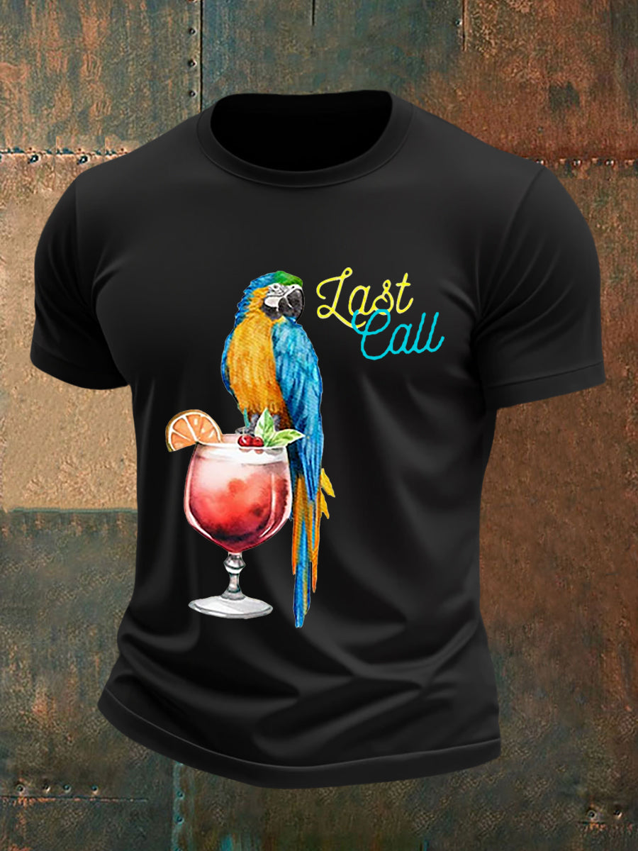 Men's Retro Jimmy Buffett Parrot With Margarita  Print Short Sleeve T-Shirt