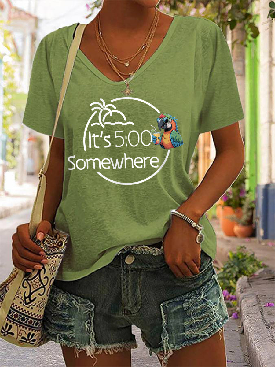 Women's It‘s 5 O'clock Somewhere Parrot Print Casual V-Neck Tee
