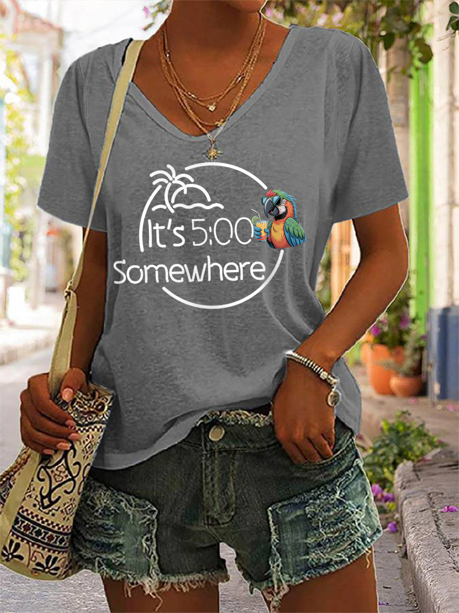 Women's It‘s 5 O'clock Somewhere Parrot Print Casual V-Neck Tee