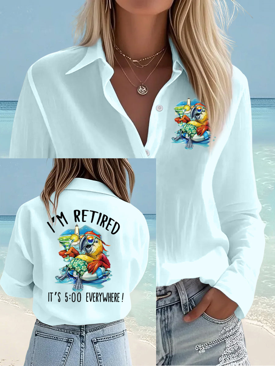 Women's I'm Retired It's 5 O'clock Everywhere Parrot Print Casual Shirt