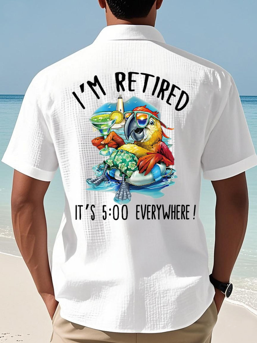 Men's I'm Retired It's 5 O'clock Everywhere Parrot Print Casual Waffle Short-Sleeve Shirt