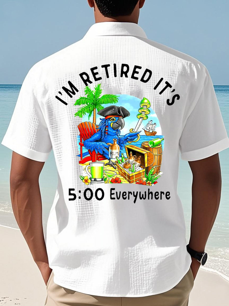 Men's I'm Retired It's 5 O'clock Everywhere Parrot Print Casual Waffle Short-Sleeve Shirt