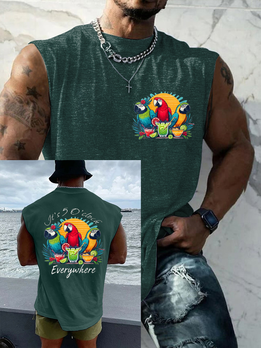 Men's It's 5 O'clock Everywhere Parrot Print Casual Tank Top