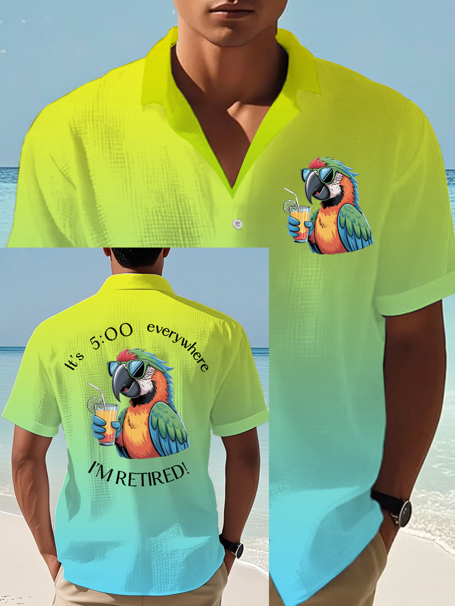 Men's I'm Retired It's 5 O'clock Everywhere Parrot Print Casual Waffle Short-Sleeve Shirt
