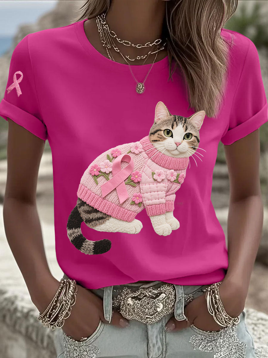 Women's Cat Pink Ribbon Print Casual T-shirt