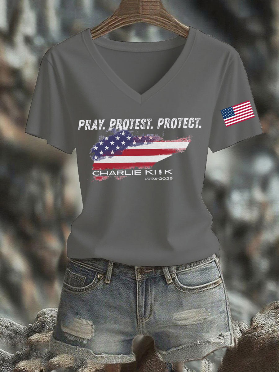 Women's Pray Protest Protect Charlie Kirk Printed T-shirt