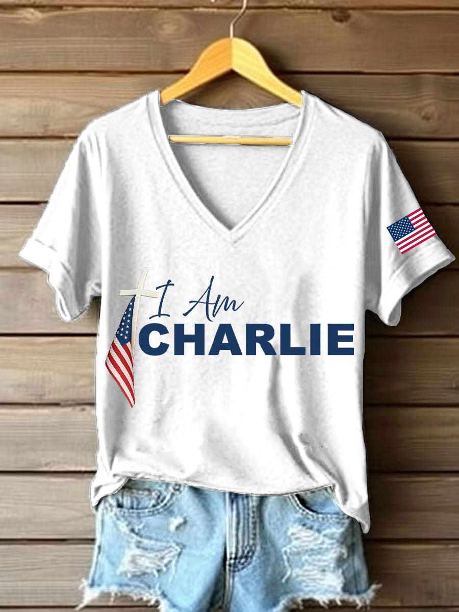 Women's I Am Charlie Print V-Neck T-Shirt