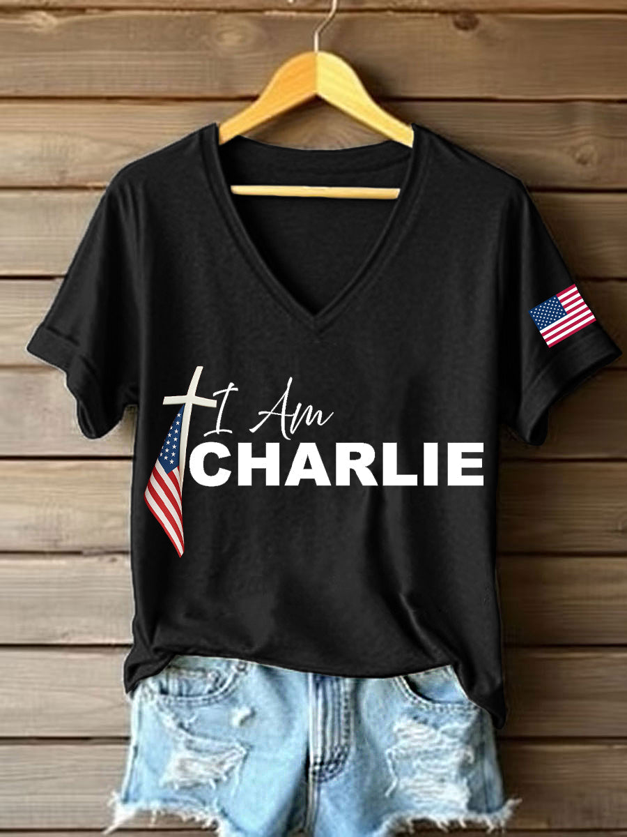 Women's I Am Charlie Print V-Neck T-Shirt