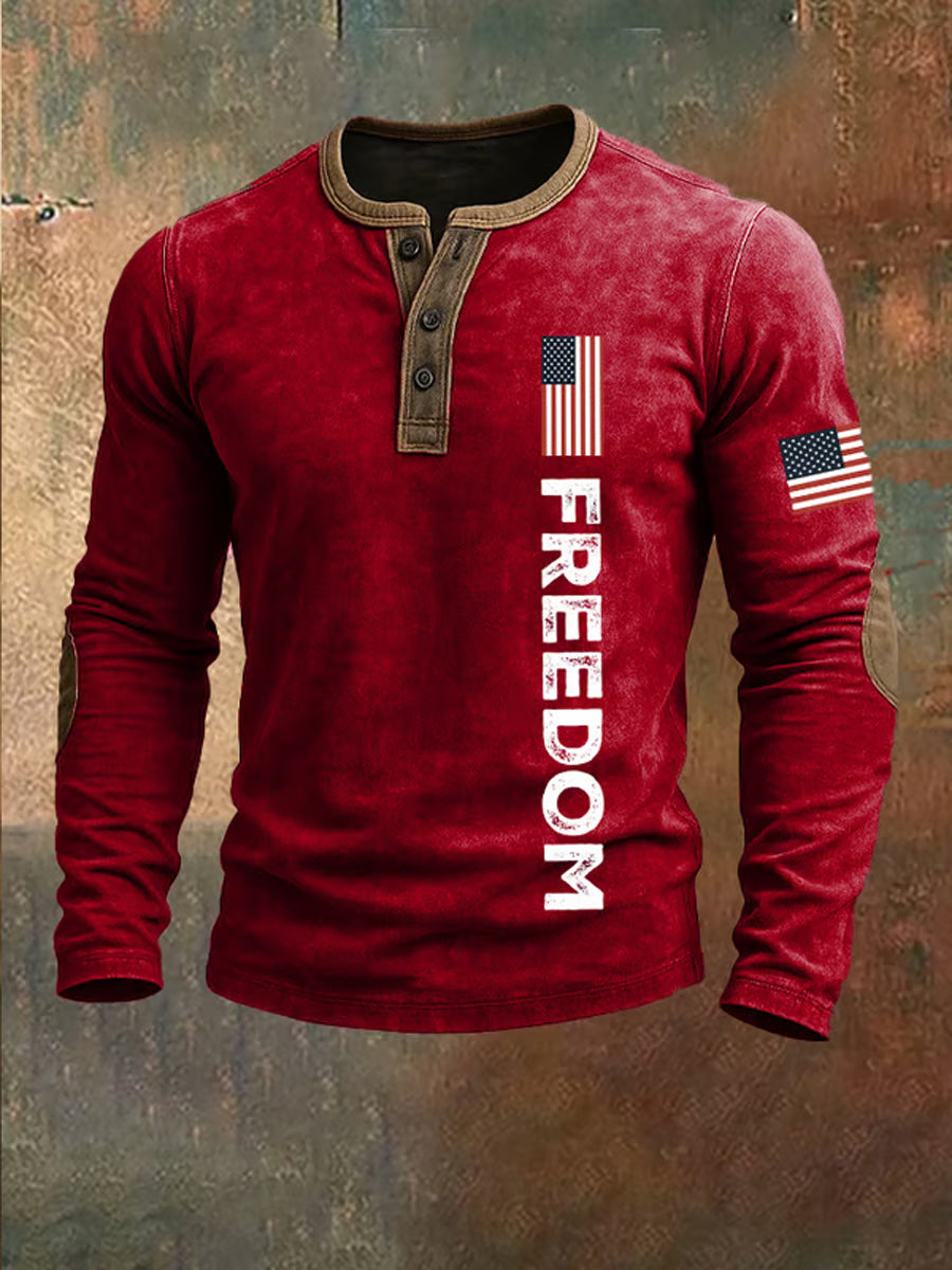 Men's Freedom American Flag Print Casual Henley