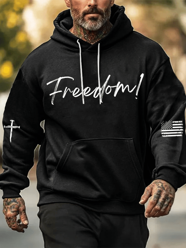 Men's Freedom Printed Oversized Drop-Shoulder Hoodie with Pockets