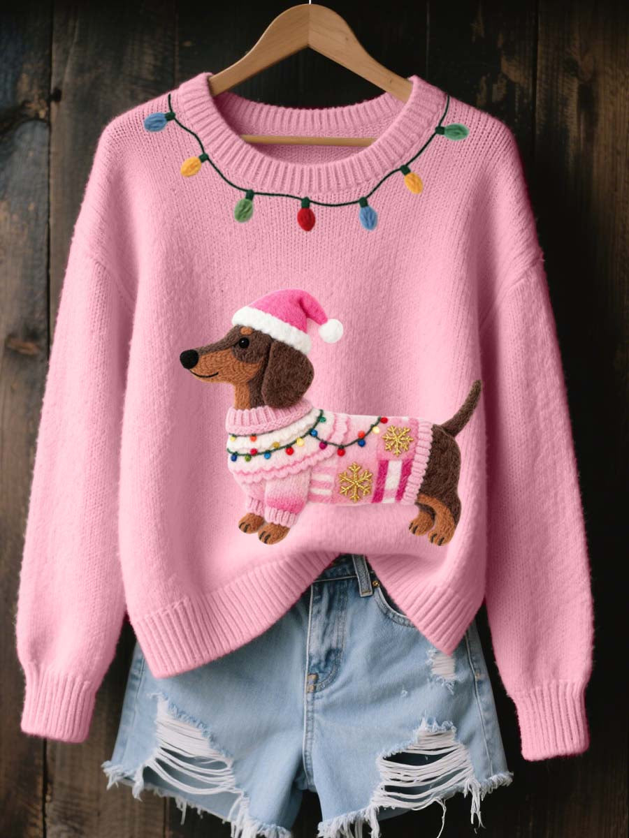 Women's Christmas Dachshund Felt Art Cozy Knit Sweater
