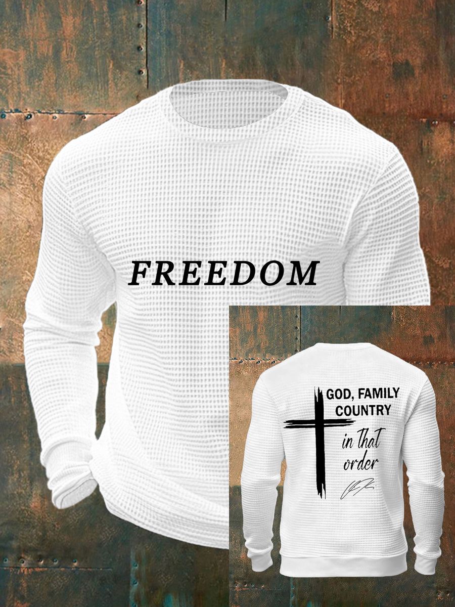 Men's God, Family, Country In That Order Charlie Kirk Print Waffle Long Sleeve Top